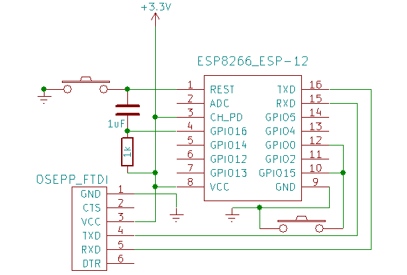 ESP8266 ESP-12 wiring diagram required for bootloader mode for flashing showing optional buttons